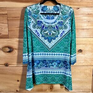 Vibrant Green & Blue Patterned Women's Tunic Sparkly Classy Lovely